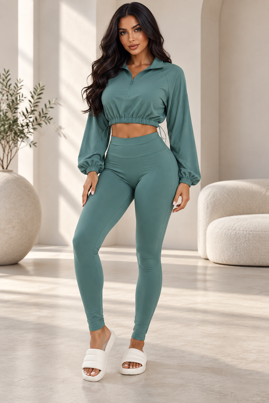 Teal cropped quarter-zip set on Krizzowholesale model