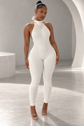 Ivory halter jumpsuit on model, front view