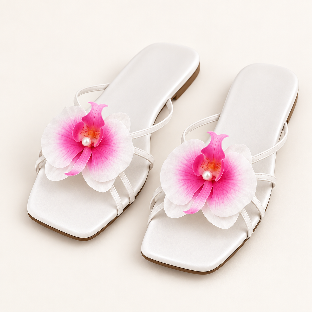 white orchid sandals on neutral background