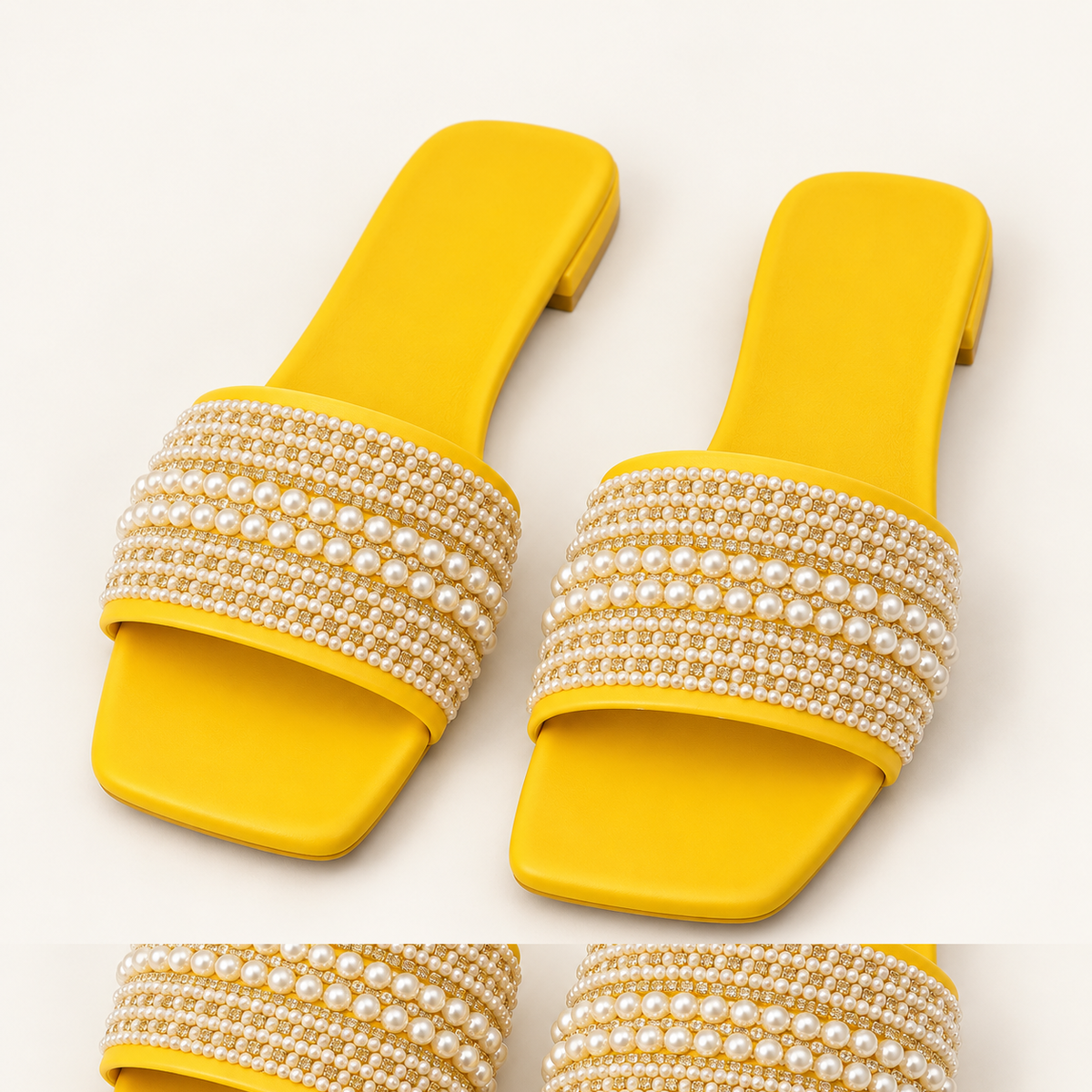 yellow pearl sandals on neutral background