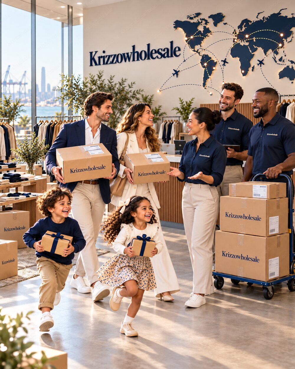 A diverse family receiving Krizzowholesale packages from the wholesale team